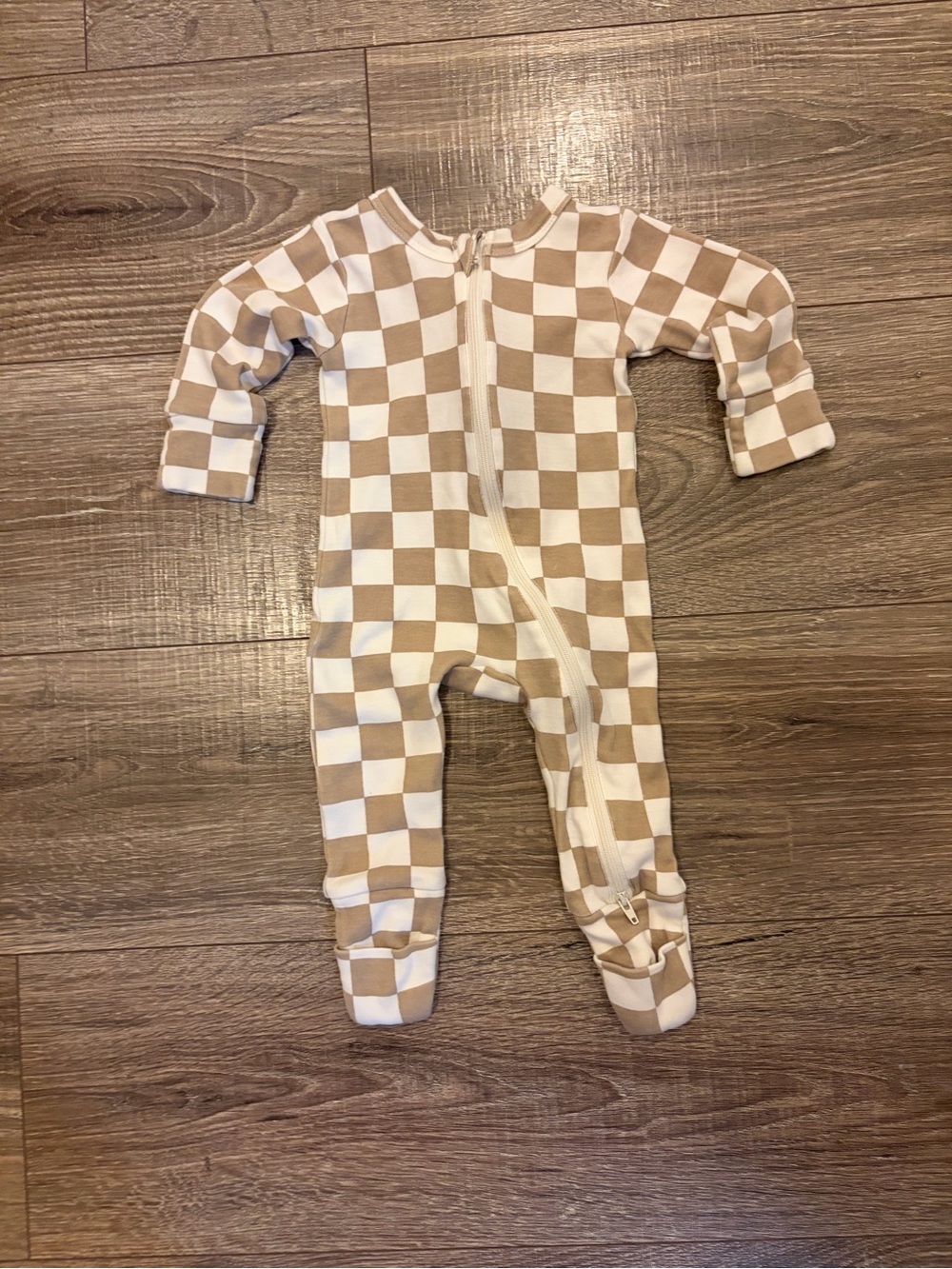 Checkerboard Zipper Footed One-Piece in Beige and White